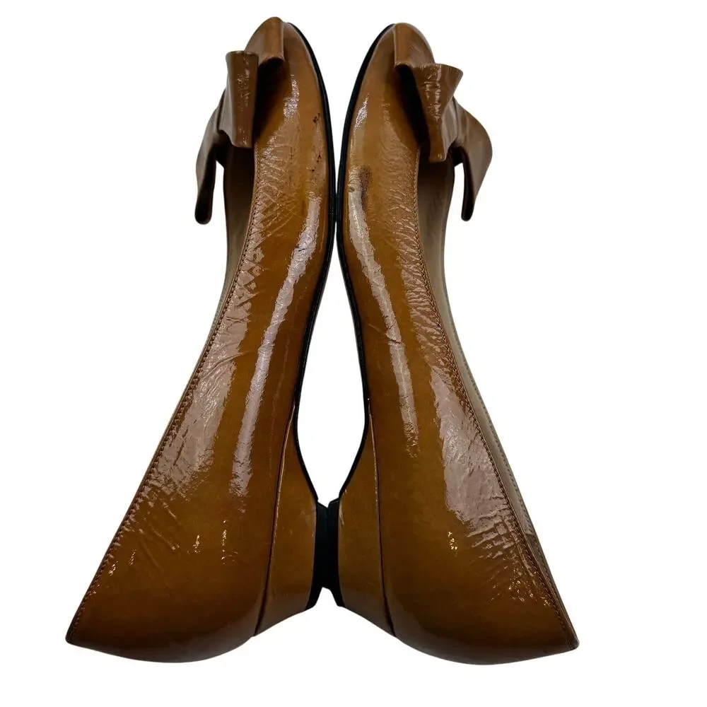 Butter Made In Italy Bow Detail Preppy Dressy Caramel Patent Shoes Women's 7